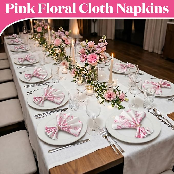 24 Pcs Floral Cloth Napkins 6 Patterns Washable Dinner Tea Party Napkins Reusable Plant Flowers Square Napkin Cotton Towel Decorative for Summer Wildflower Party(Pink Floral) - Image 3