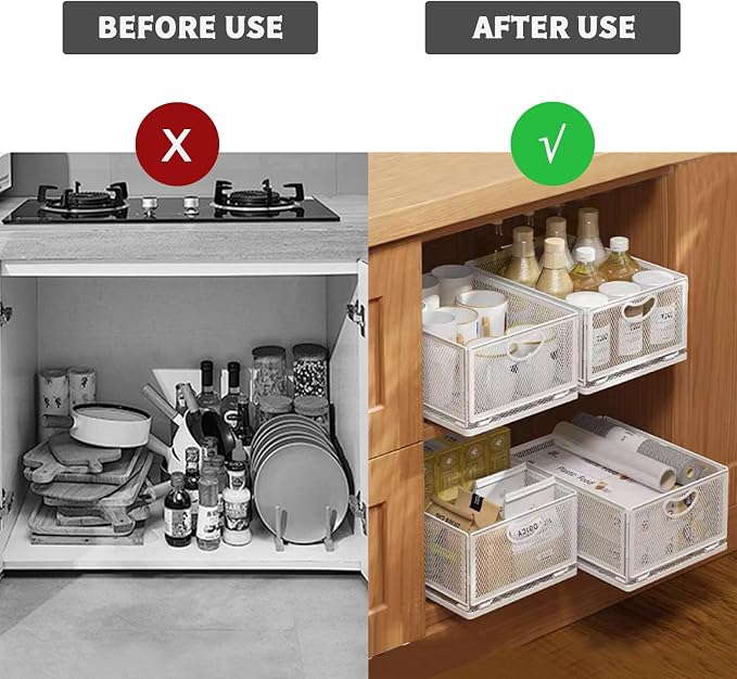 Sliding Cabinet Basket Organizer Drawer Self Adhesive Slide out Pantry Shelves Heavy Duty Carbon Steel Slide Cabinet Storage Basket with Handle for Bathroom Kitchen Home - Image 3