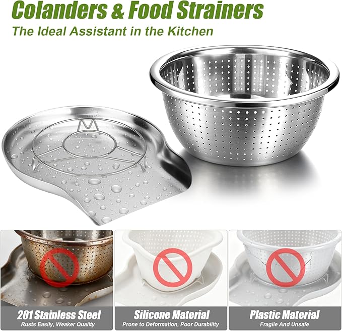 Palksky Stainless Steel Colander Set with Self-Draining Base, 3 Sizes Colanders & Food Strainers for Pasta, Rice, Fruits & Veggies, Metal Colander with Draining Plate for Sink or Countertop - Image 7