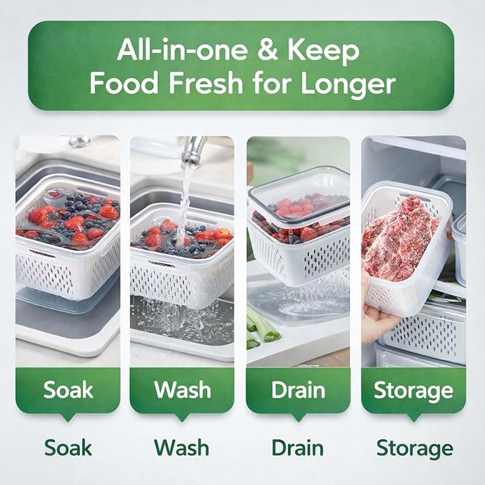 4-in-1 Produce Saver Containers - Fresh Berry Keeper with Removable Colander & Airtight Lid - Stackable Fruit and Vegetable Fridge Organizer Bins - BPA-Free Plastic Food Storage (4pcs) - Image 3