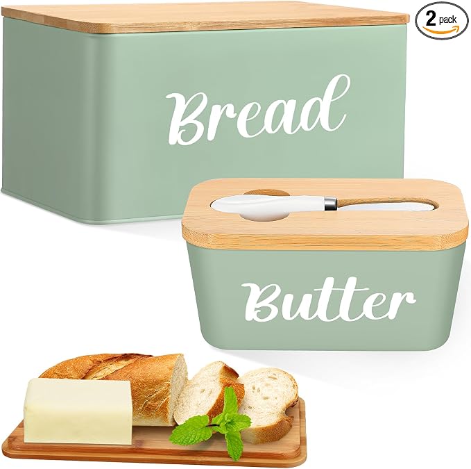 Hushee Metal Bread Box and Butter Dish with Bamboo Cutting Board Lid and Knife Bread Storage Container Breadbox for Kitchen Counter Butter Organizer for Kitchen Countertop Decoration(Sage Green) by Hushee