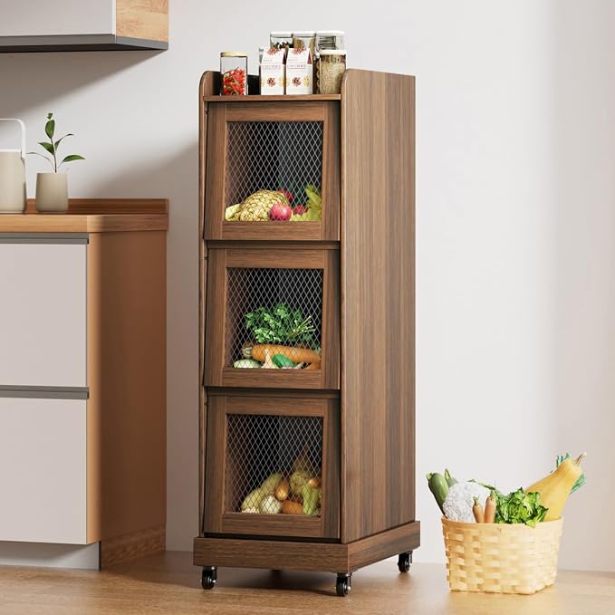 4 Tier Narrow Potato Storage Bin, Tall Wood Potato and Onion Storage Bin with Wheel, Movable Fruit and Vegetable Basket, Food Small Kitchen Pantry Cabinet, Wooden Bread Box, Walnut, Sliding Door by BuyNow