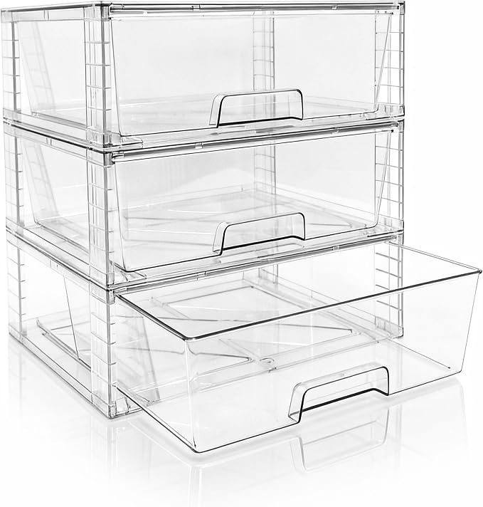 Wide Large Stackable Storage Drawers(3 Pack),Multi-purpose Clear Plastic Organizer Bins with Handles, Easy to Assemble for Bathroom Home Closet Under Sink Kitchen Pantry Medicine Cabinet by XWYWX