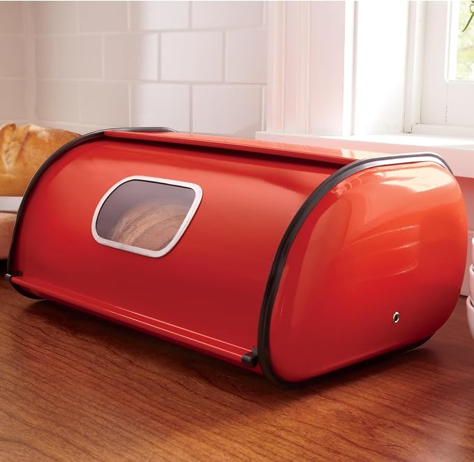 Window Breadbox for Kitchen Countertop, Red | Countertop bread box with clear viewing window, rear air vents, and durable metal construction bread and baked goods storage by MontgomeryWard
