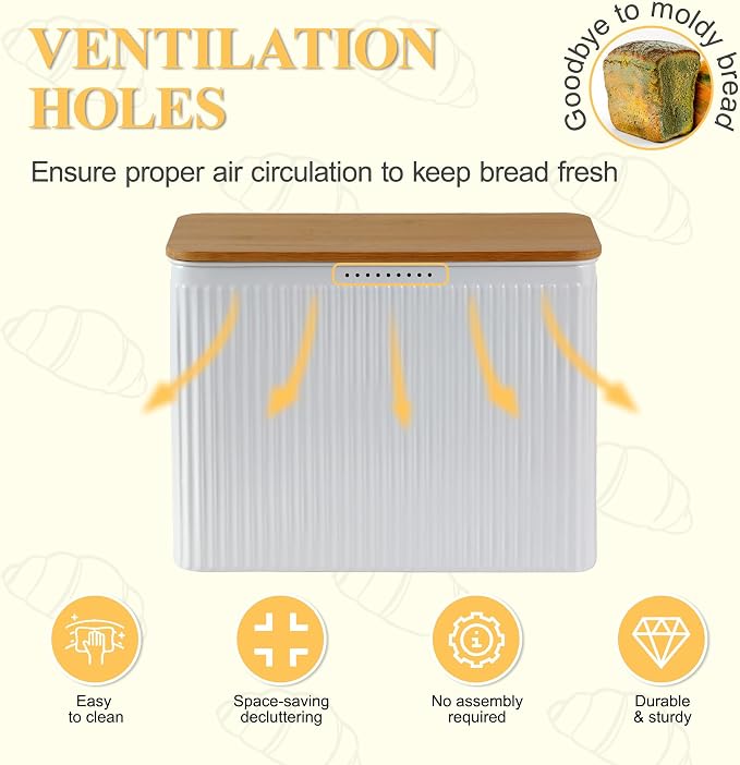 Extra Large Vertical Stripe Embossed Bread Box with Bamboo Lid | Corner Breadbox for Homemade Bread, White Metal Bread Storage Container Bin for Kitchen Countertop, Fits 2 Loaves of Bread - Image 5