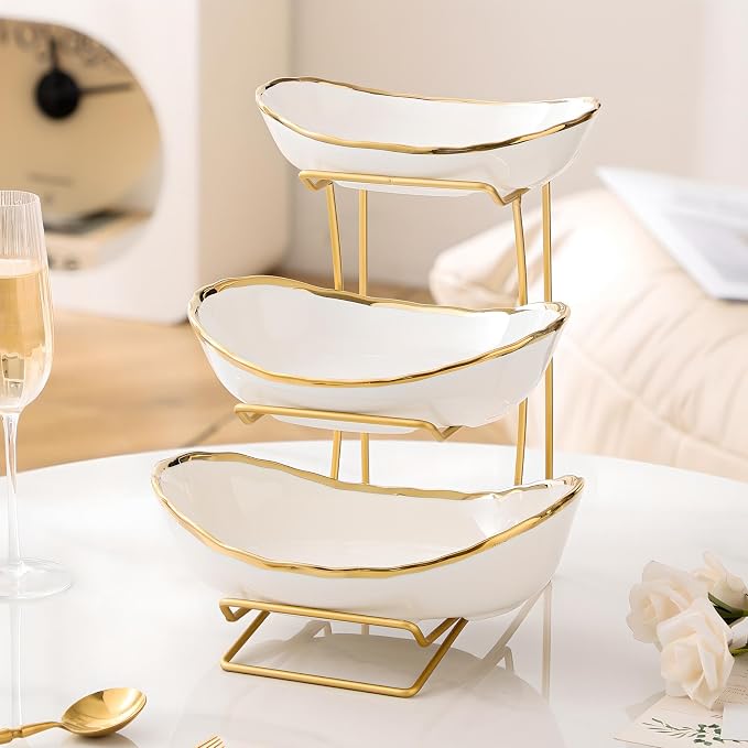 Gold Silver Fruit Bowl with Metal Stand, 3 Tier Ceramic White Fruit Bowl Fruit Rack for Kitchen Counter, Tiered Fruit Basket for Snacks Bread Candy Storage (White A (Smooth Surface)) - Image 2
