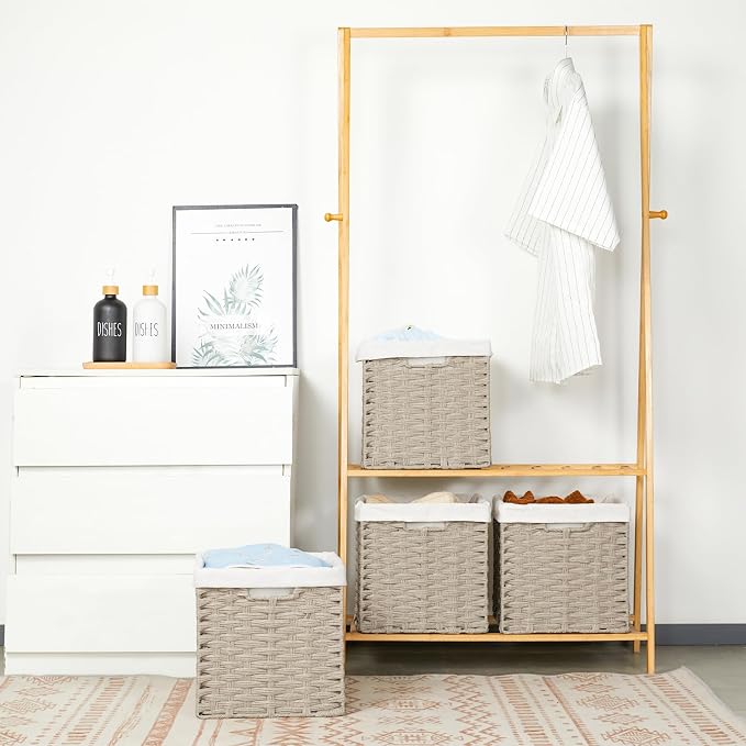 Bidtakay Wicker Storage Baskets for Organizing 4-Pack Hand-Woven Imitation Wicker Cube Storage Bins with Liners for Shelves Closet Cabinet 11x11 Waterproof Cube Organizer for Pantry-Greyish Beige - Image 6