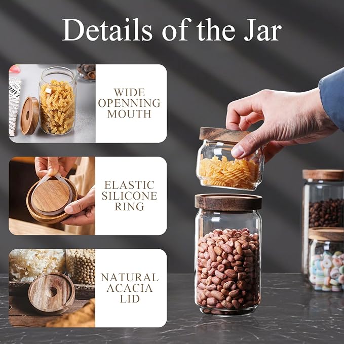 Glass Jars with Airtight Wood Lids - 57 OZ Large Tall Kitchen Pantry Storage Containers, Decorative Canister for Pasta, Spaghetti, Fusilli, Noodles, Coffee Beans, Oats, Cereal, Tea, Nuts, Set of 2 - Image 3