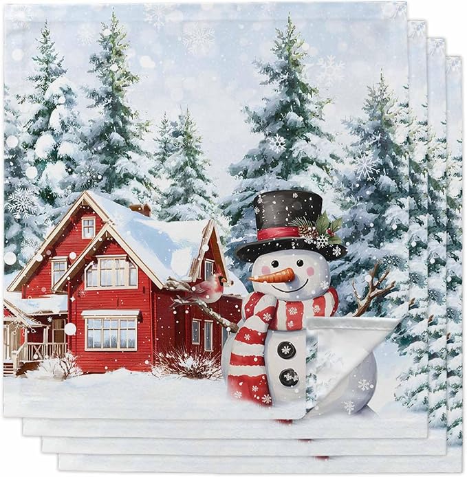 Christmas Snowman Cloth Napkins Set of 4, Farmhouse Xmas Tree Winter Snowflake Dinner Napkins Cloth Washable, Cocktail Napkins Reusable for Wedding, Party, Birthday (20"x20") by Unknown