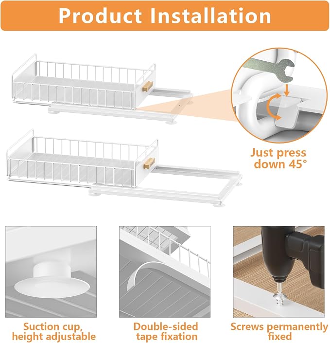Under Sink Organizer, 2 Packs Under Sink Organizers and Storage, Slide Out Pull Out Cabinet Organizer Shelf with Metal Drawers for Kitchen Bathroom Pantry, White - Image 2