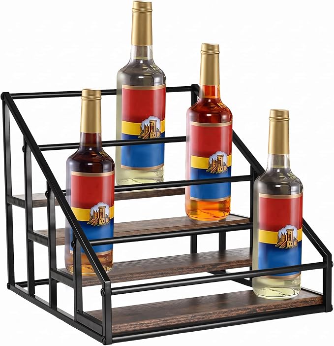 YQBRAO 4-Tier Coffee Syrup Organizer, 16-Bottle Rack, Rustic Brown | Holds up to 16 bottles with stepped visibility; rustic wood and metal design for syrups, kitchens, and home coffee bars. by Unknown