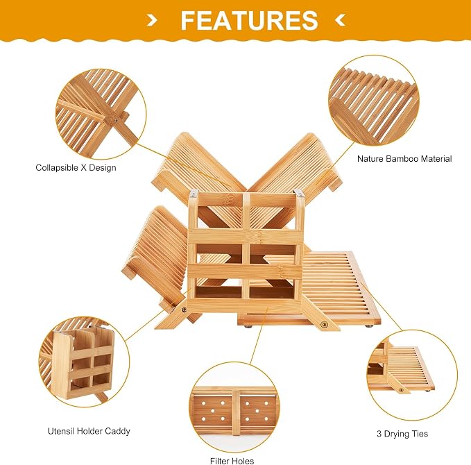 Bamboo Dish Drying Rack, 3 Tier Collapsible Wooden Dish Drainer Rack with Utensil Holder, Plate Rack for Kitchen Counter, Large Folding Drying Holder 51 pcs Grid - Image 4