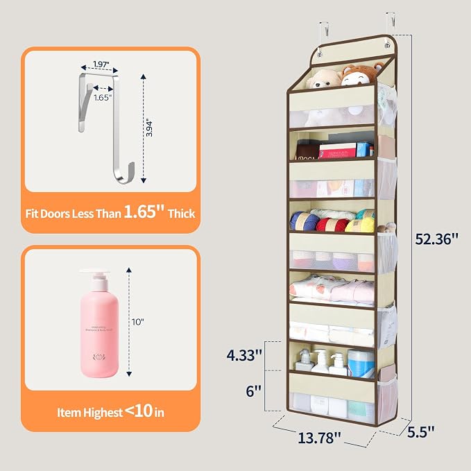 Yecaye Over The Door Organizer Storage, 5-Tier Heavy Duty Door Organizers Hanging with 10 Side Mesh Pockets, 44 lbs Load Capacity Behind Door Storage for Bathroom Nursery Bedroom Dorm Closet,Beige,1Pc - Image 8