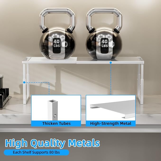 Cabinet Shelves, 2 Pack Stackable Shelves for Kitchen Storage | Expandable & Height Adjustable Cabinet Organizer Shelf | Metal Shelf Organizer | White Spice Rack for Pantry Storage - Image 3
