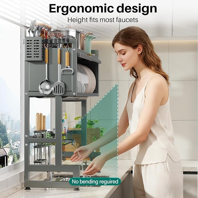 Over the Sink Dish Drying Rack 3 Tier with Dustproof Flip-Up Cover | Large Dish Drainer Storage Counter Organizer,Space-Saving Dish Rack for Dishes and Cutlery,Fits Sinks up to 36 Inches(Gray) - Image 8