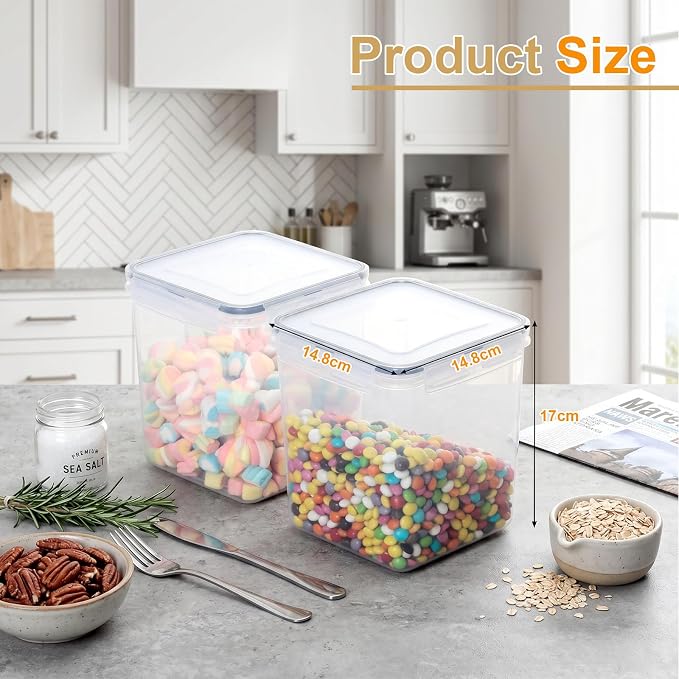 VINATO Set of 3 Airtight Containers 2.5L - BPA Free Food Jars with 24 Labels and 3 Measuring Cups - Clear, Stackable - for Cereal, Flour, Sugar, Coffee - Image 2