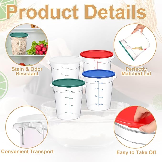 4 Pcs 4 Qt Food Storage Container Bucket with Lids Clear Proofing Containers for Dough Rise Bread with Scale Handle Round Flour Commercial Storage Bucket for Home Restaurant Food(Multicolor) - Image 3