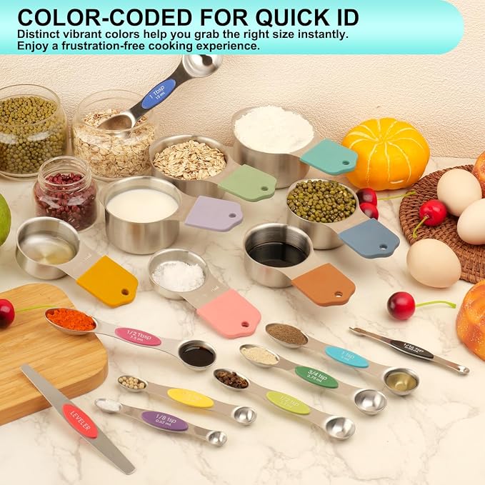Magnetic Measuring Cups and Spoons Set of 16, 7 Stainless Steel Measuring Cups, 8 Double-Sided Measuring Spoons with 1 Leveler, Color Coded Handles, Dual Markings for Dry and Liquid Ingredients - Image 6