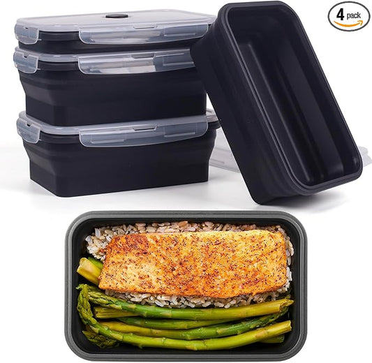 Collapsible Food Storage Containers with Lids, 4 Pack, 40 oz Silicone 1-Compartment Meal Prep Containers Reusable, Lunch Bento Boxes for Adults, Microwave Freezer Dishwasher Safe, BPA-Free, Black by Annaklin