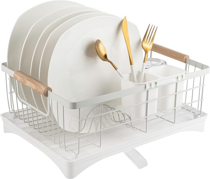 Dish Drainer Rack - Plate, Cutlery, Pots, and Pans Drying Rack for Kitchen with Beechwood Handles - Modern Retro Design Drip Tray with Metal Rack - White by Appletofu