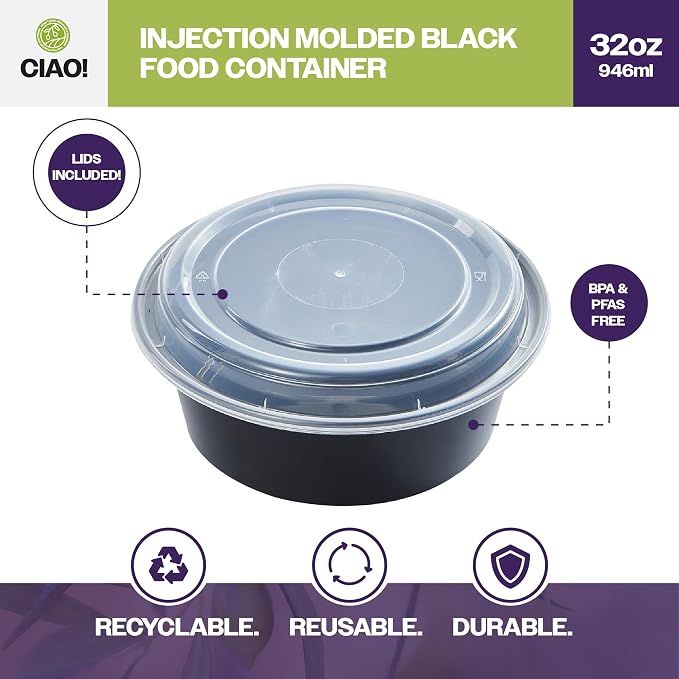 CIAO! Heavy Weight 32oz Injection Molded Microwavable Black Round Food Container with Lid (150/case) - Image 2