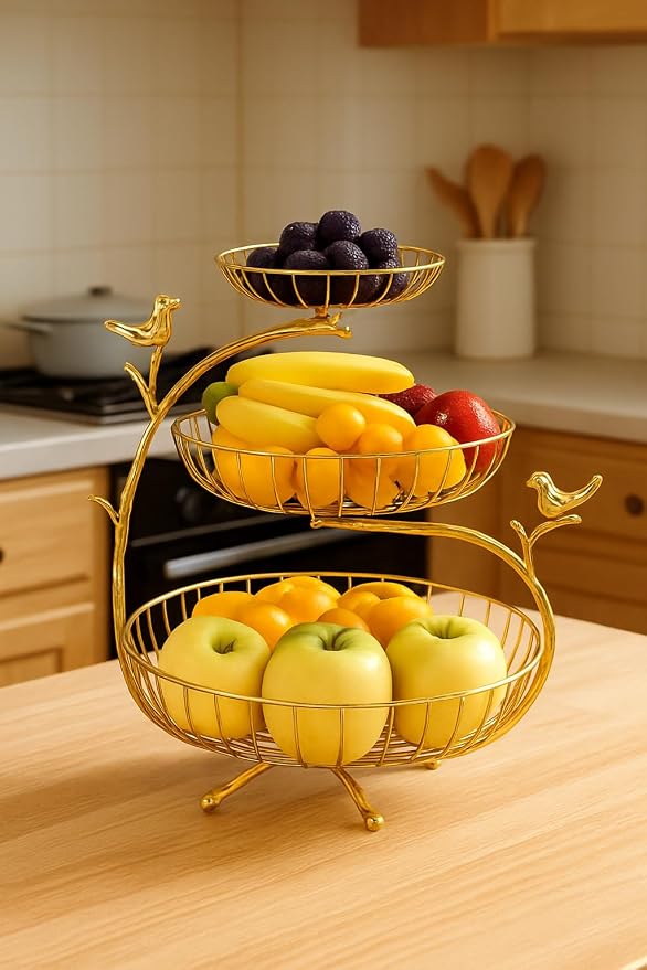 HOME DECO 3-Tier Gold Fruit Basket Stand for Kitchen & Dining | Decorative Metal Fruit & Vegetable Holder with Bird Design | Stylish Countertop Storage Rack Organizer for Home & Pantry - Image 2