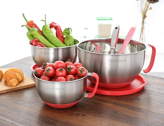 Stainless Steel Mixing Bowls Set with Lids,1.5,3 & 5 Qt,Red | Non-Slip Silicone Base,Precision Pour Spout,Ergonomic Easy-Grip Handle,Measurement Marks,Airtight Lids,Cooking & Meal Prep - Image 6