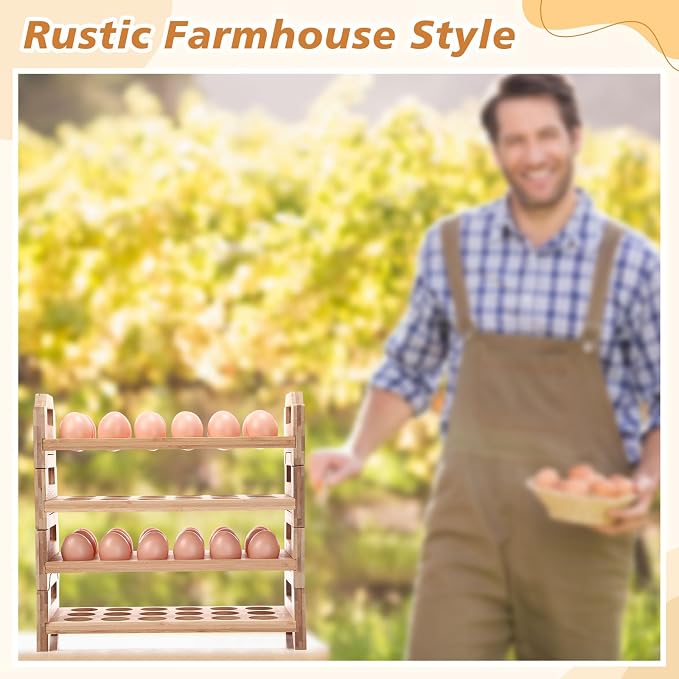 Reallnaive 4 Tier Wooden Egg Holder for Countertop, Bamboo Stackable Fresh Eggs Storage Farmhouse Collecting Rack for Gathering Kitchen Organizer or Easter Egg Display, Stackable with 72 Eggs(Wood) - Image 6