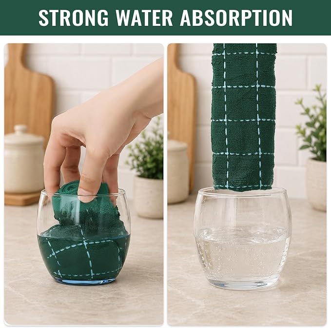 Kitinjoy 100% Cotton Terry Kitchen Towels, 13”x 28”, 4-Pack,Dark Green | Checkered Designed, Ultra Soft Absorbent Quick Drying Dish Towels - Image 5