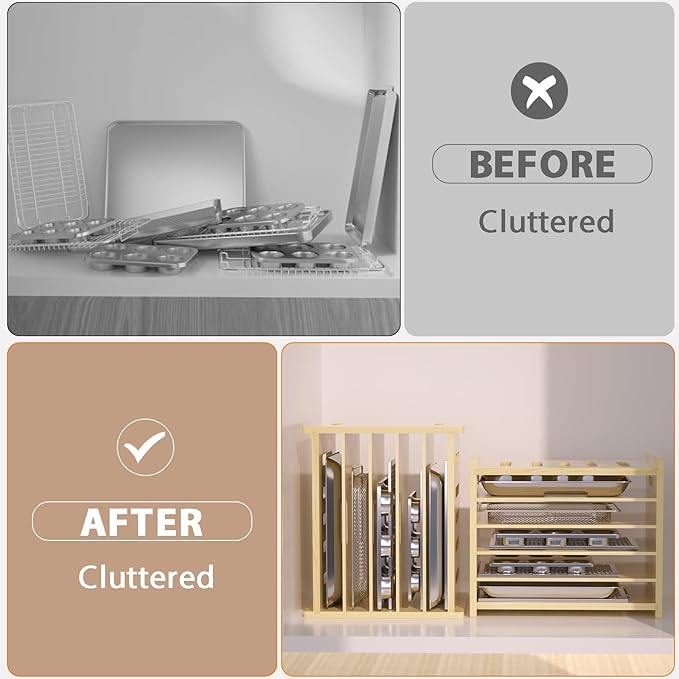 6 Tier Wooden Tray Dividers for Cabinets | Baking Cookie Sheet Organizer, Vertical/Horizontal Cabinet Dividers for Pots, Cutting Board, Kitchen Organizers and Storage - Image 4
