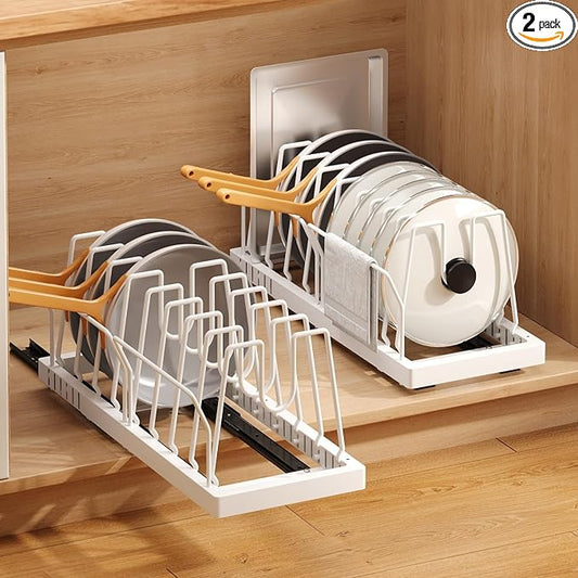Mustorn 2 Pack Pots and Pans Organizer Under Cabinet, 21.6" Deep Pull Out Pot Lid Organizer Holder with Guardrail Adhesive Pot and Pan Holder Rack with 10 Adjustable Dividers(White) by MUSTORN