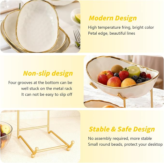 2 Tier Ceramic Fruit Bowl for Kitchen Counter with Metal Rack, Fruit Basket with Stand, Porcelain Bowls for Vegetable Bread Candy Snack Nuts Dessert Cake Tray (Gold 2 layer) - Image 6