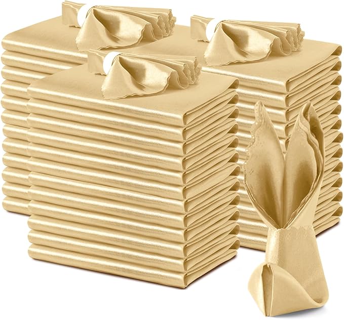 VACVELT 100 Pack Gold Scalloped Satin Napkins 17x17 Inch Wedding | Scalloped Floral Edges With Silky Smooth Finish, Seamless Design, Machine Washable Wrinkle And Fade Resistant by VACVELT
