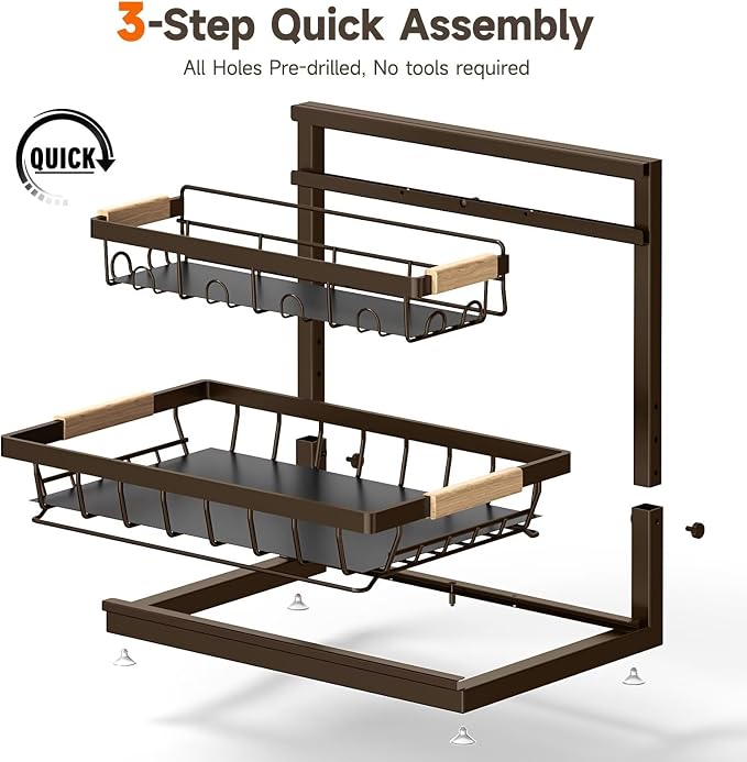 2-Pack 2-Tier Height Adjustable Under Sink Organizer & Storage | Multi-purpose storage for kitchen & bathroom cabinet. Extra Large brown shelf, height adjustable design for space-saving. - Image 7