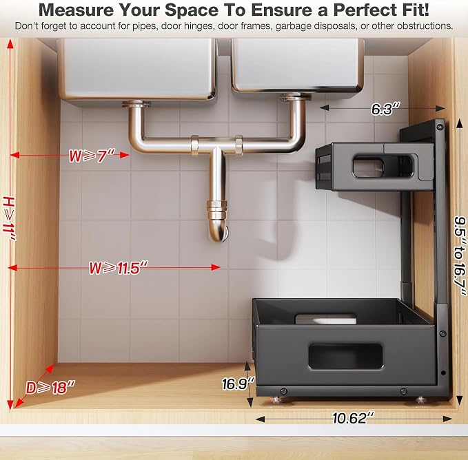 2 Pack 17IN-Depth Under Sink Organizer,Pull Out Cabinet Organizer With Smooth Cylindrical Rail,Metal Slide Out Drawer for Kitchen Bathroom Laundry,8-Level Tool Free Height Adjustable-Black - Image 2