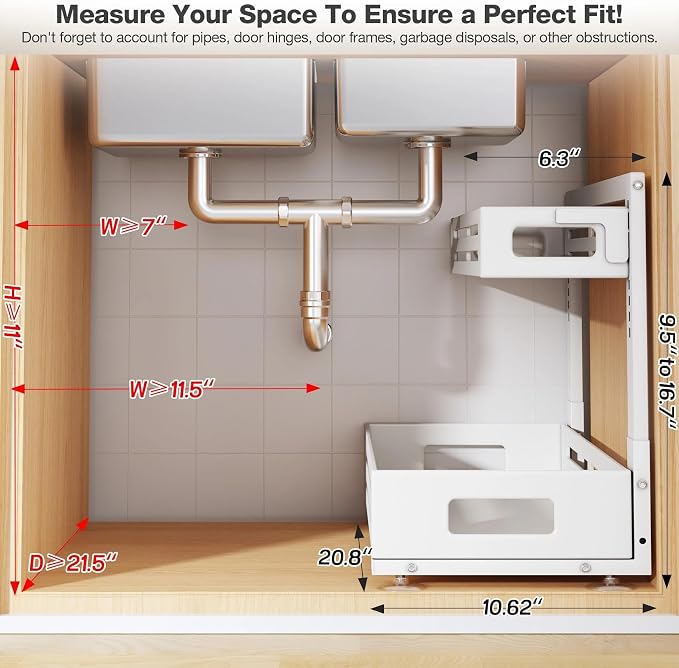 2 Pack 21IN-Depth Under Sink Organizer,Pull Out Cabinet Organizer With Smooth Cylindrical Rail,Metal Slide Out Drawer for Kitchen Bathroom Laundry,8-Level Tool Free Height Adjustable-White - Image 2