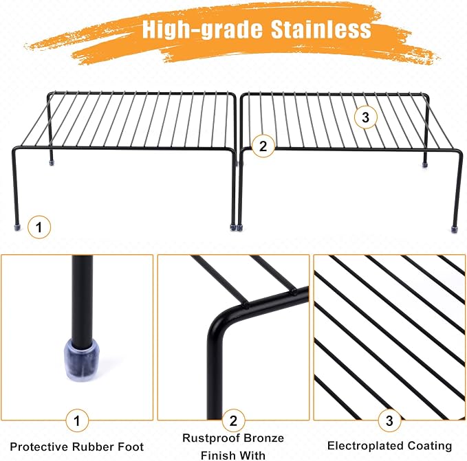 Kitchen Cabinet Storage Shelf Rack/Plastic Feet - (13.1 x 10.2 Inch) - Steel Metal - Rust Resistant Finish - Cups, Dishes, Cabinet & Pantry Organization (6, Black) - Image 4
