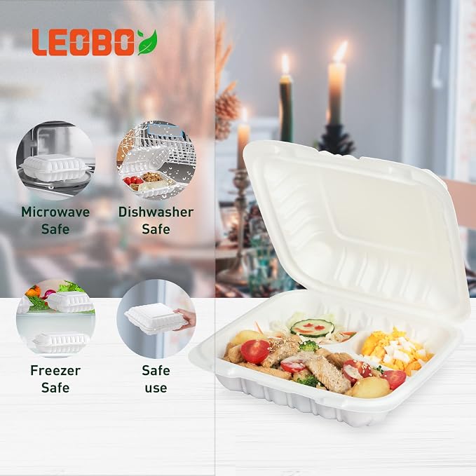 55-Pack 34oz 8 Inch Food Containers - Shrink Wrapped No Pre-Wash | 3-Compartment Reusable & Secure Snap Closure | Bpa Free Microwave Safe for Leftovers, Work Meals, Takeout & Meal Prep, White - Image 5