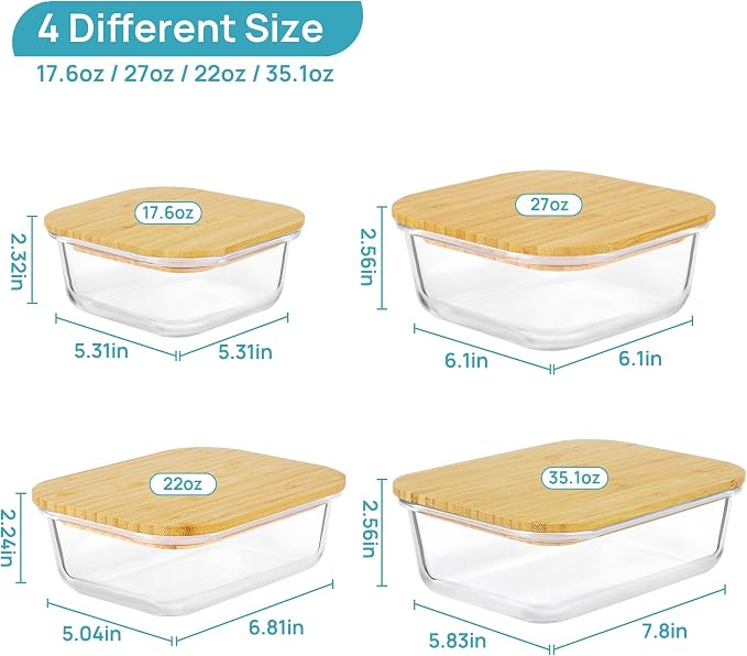 Vtopmart 4 Pack Glass Food Storage Containers with Bamboo Lids Meal Prep | Reusable Meal Prep Containers for Leftovers, Lunch & Kitchen Storage, Microwave, Oven, Freezer and Dishwasher Safe - Image 6