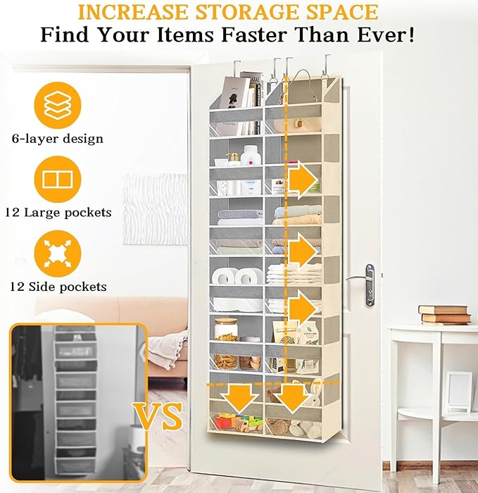 Over The Door Organizer 6 Tiers, Extra Large Behind Door Storage of 12 Compartments, 80 lbs Weight Capacity Hanging Storage Organizer with Clear Window Kids Toys,Shoes,Diapers,Room Storage,Light Grey - Image 2