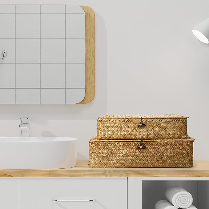 Didaey Set of 4 Seagrass Basket with Lid Wicker Storage Basket Decorative Storage Boxes with Lids Flat Storage Bins Woven Organizer Baskets for Shelf Closet Bedroom, 4 Sizes (Yellow) - Image 7