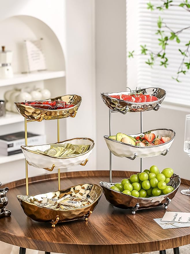 3-Tier Fruit Bowls for Kitchen Counter,Ceramic Bowl with Silver Metal Stand,3 Tier Fruit Basket for Fruit,Snack,Cake,Nuts,Dessert Storage - Image 6