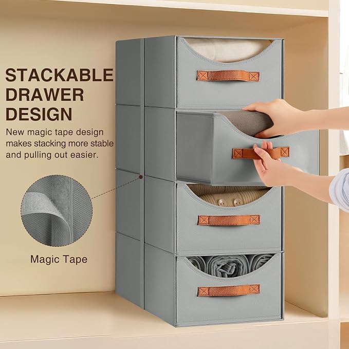 Stackable Storage Drawers - Large Collapsible Storage Bins with Drawers, 8 Pack Closet Shelf Organizer Basket, Fabric Pull Out Organizer for Bedroom, Living Room, Dorm, Grey - Image 4