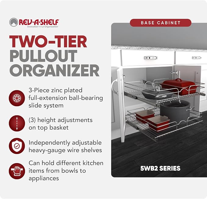 Rev-A-Shelf Pullout Organizer for Cabinets, Min Opening Width of 24" | Two-Tier Steel Shelf for Kitchen or Vanity Cabinet Organization, Heavy Gauge Wire Slide Out Storage Basket, 5WB2-2422-CR-1 - Image 5