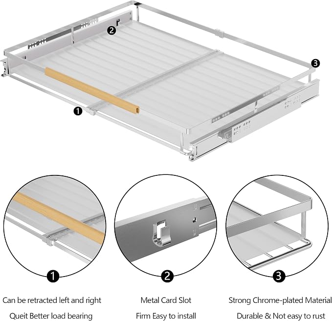 SANNO Pull Out Cabinet Organizer, Slide Out Cabinet Shelf,Under Sink Slide Out Cabinet Organizer, Pots Pans Organizer Smooth Roll,Expandable Width 16.1 to 26.4" W - Image 7