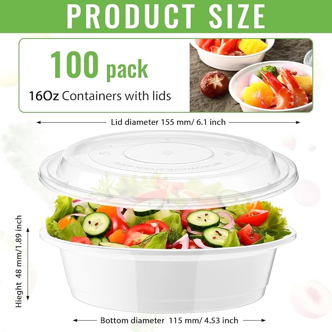 Nuenen 100 Pcs 16 oz Round Meal Prep Containers with Lids Plastic Containers Meal Prep Lunch Box Bowls Take out Food Storage Bento Box Microwavable Freezer Safe(White) - Image 2