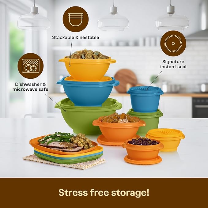 Tupperware Heritage Retro Collection, Bowls & Plates, 20 Piece Food Storage Container Set in Retro Colors, Dishwasher Safe and BPA Free - Image 4