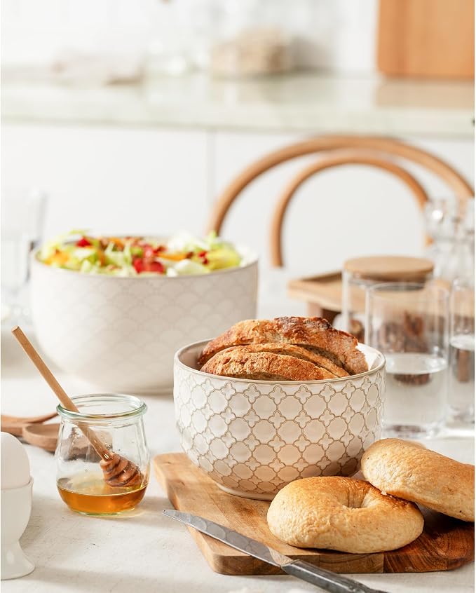 Mikiegy Ceramic Mixing Bowls Set of 2, Nesting Ceramic Embossment Stoneware Mixing Bowls for Cooking, Serving, Popcorn, Salad etc, Microwave & Dishwasher Safe, 44/98 oz, Off-White - Image 6