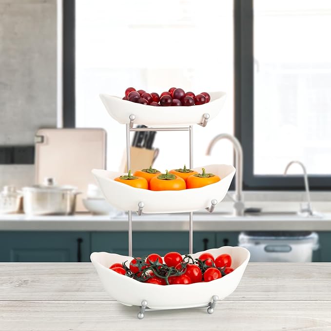 Ceramic Fruit Bowl for Kitchen Counter, 3 Tier Ceramic Serving Bowls with Metal Stand, Fruit Basket Stand Fruit Serving Tray Set for Vegetable Storage, Candy Snack Dessert Cake (White) - Image 2
