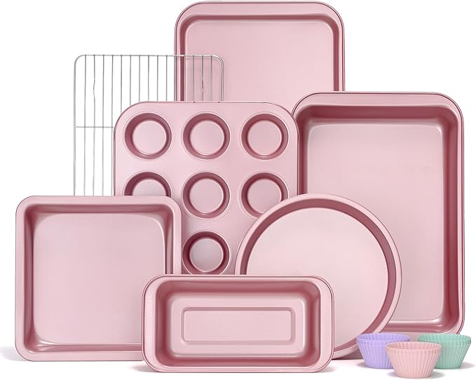 KITESSENSU Baking Pans Sets, Nonstick Bakeware Sets 19-Piece with Round/Square Cake Pan, Loaf Pan, Muffin Pan, Cookie Sheet, Roast Pan, Cooling Rack, Carbon Steel Bake Set Pink by KITESSENSU